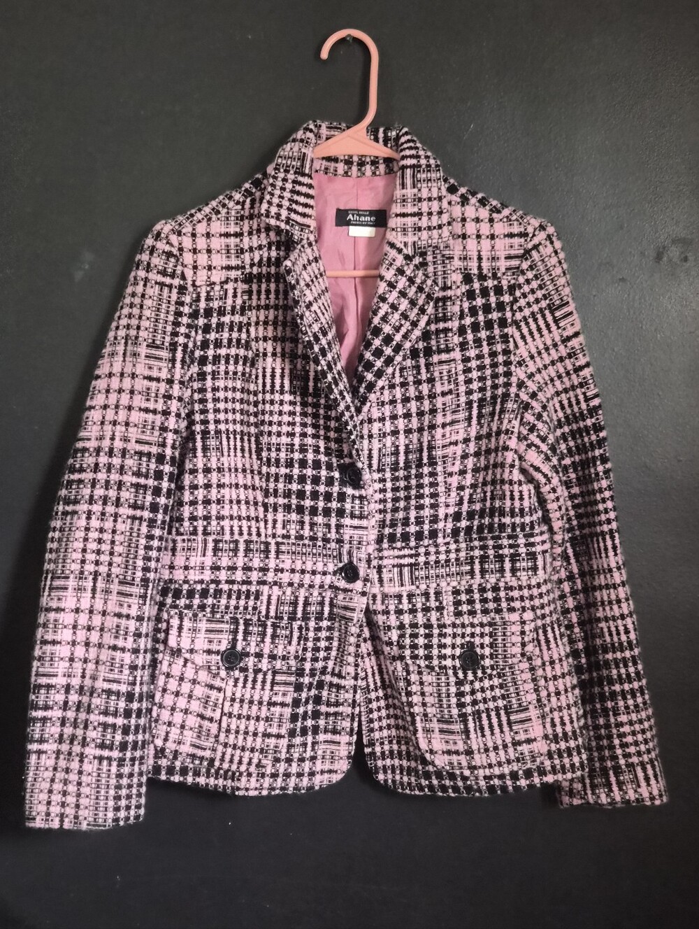 Vtg Tweed Style Pink & Black Korean Coat Size Medium